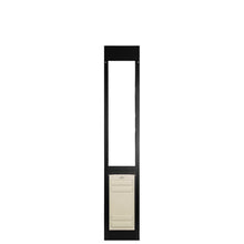 Black-framed sliding glass door insert with pet door.