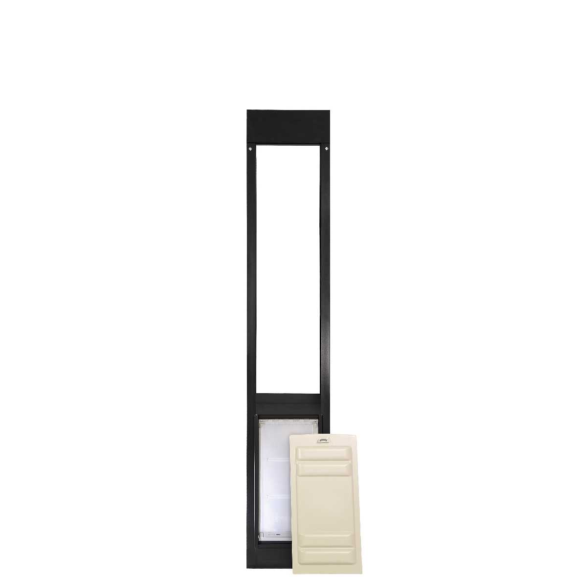 A black sliding glass door dog door insert, with an off-white closing panel, is shown on a white background.