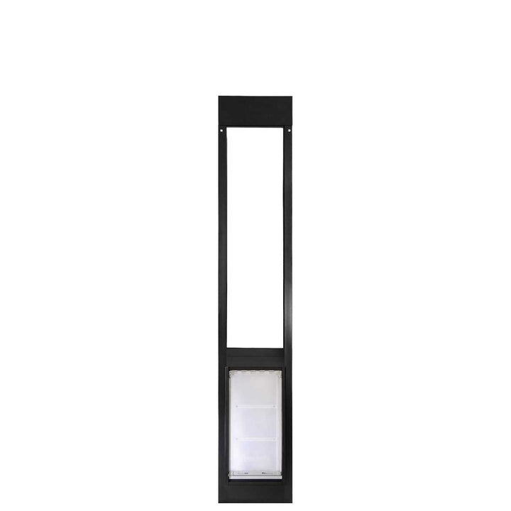 Black-framed sliding glass door insert with a pet door at the bottom.
