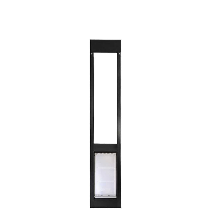 Black-framed sliding glass door insert with pet door.