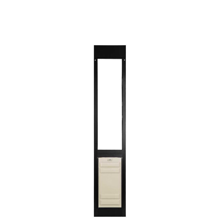 Black-framed sliding glass door insert with a dog door.