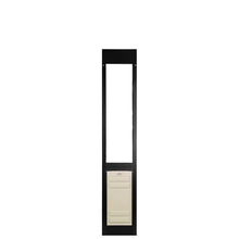A black-framed sliding glass dog door panel.