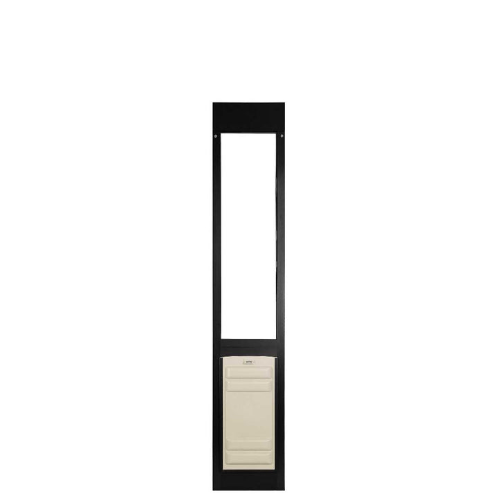 A black-framed sliding glass dog door panel.