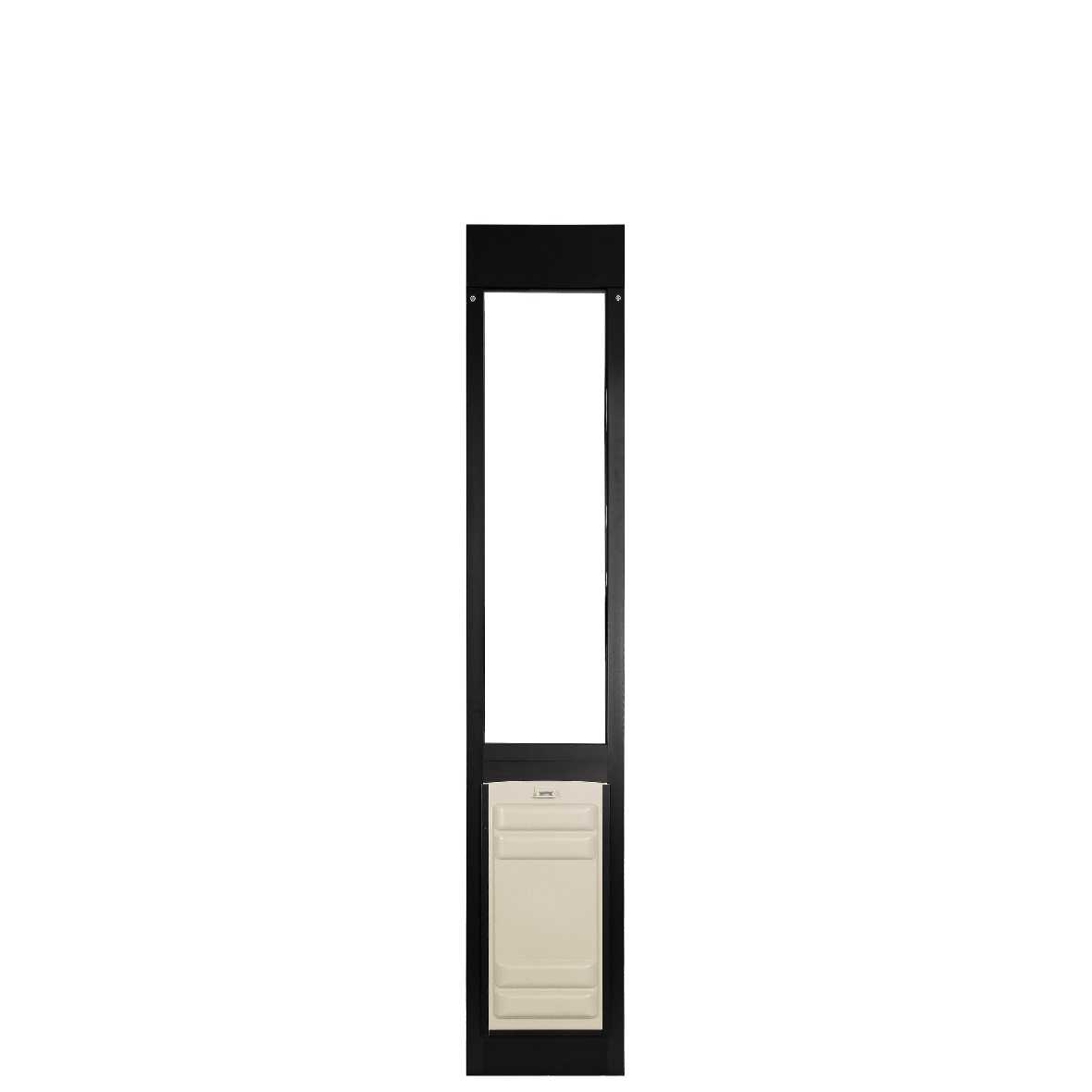 A black-framed sliding glass door insert with a beige-colored pet door.