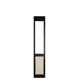 A black-framed sliding glass door insert with a beige-colored pet door.