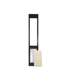 A tall, narrow, black-framed pet door with a white cover on the side.