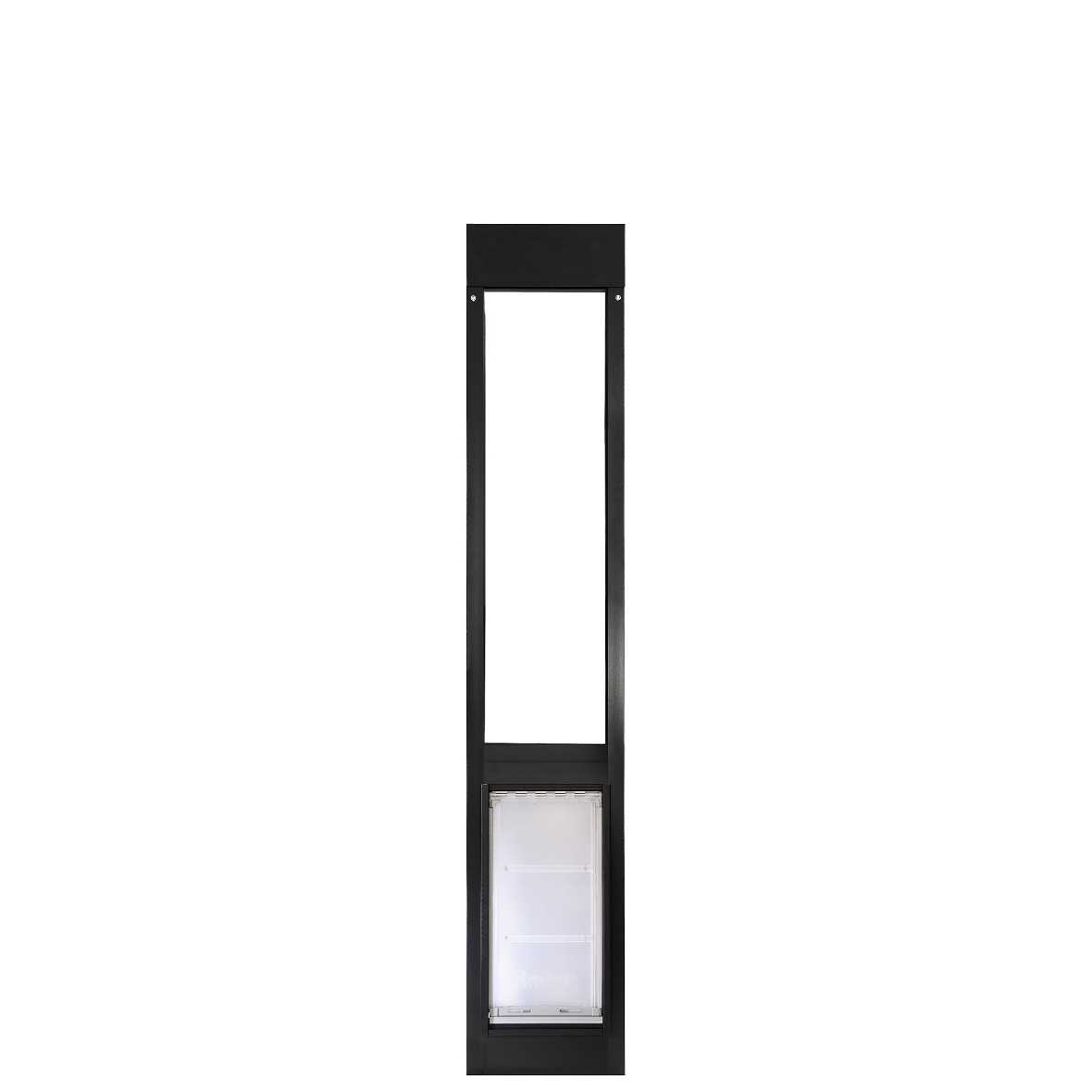 Black pet door frame for sliding glass doors.