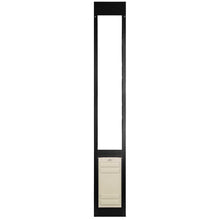 A black framed pet door insert for sliding glass doors with a white pet door.