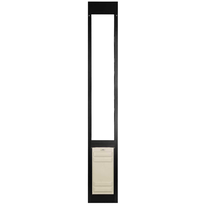 A black framed pet door insert for sliding glass doors with a white pet door.