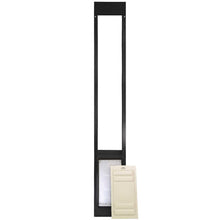 A black sliding glass door insert with a dog door and a white cover.