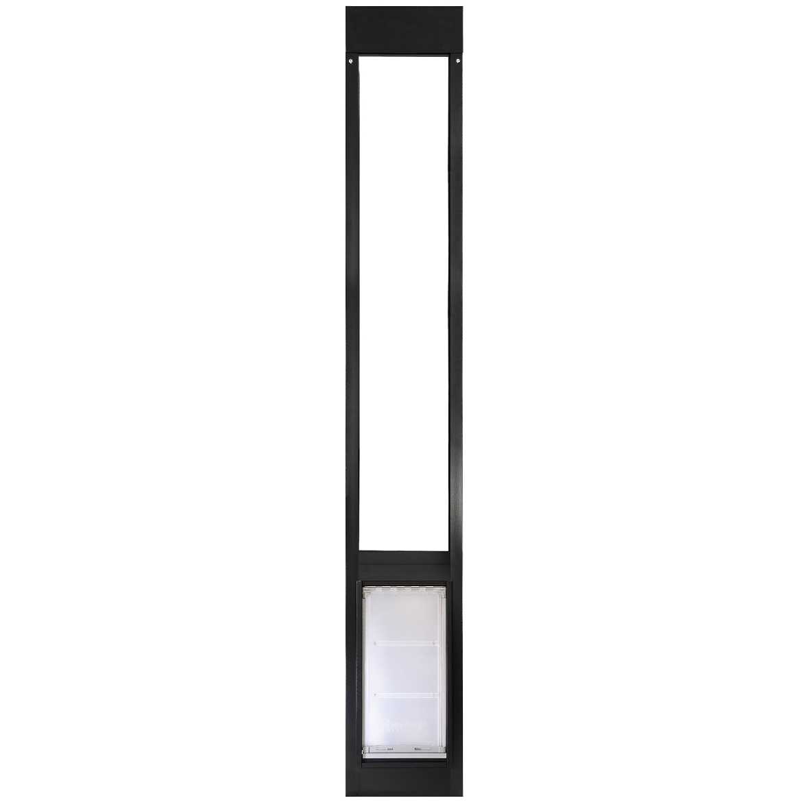 Black sliding glass door insert with a pet door.