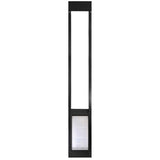 Black sliding glass door insert with a pet door.