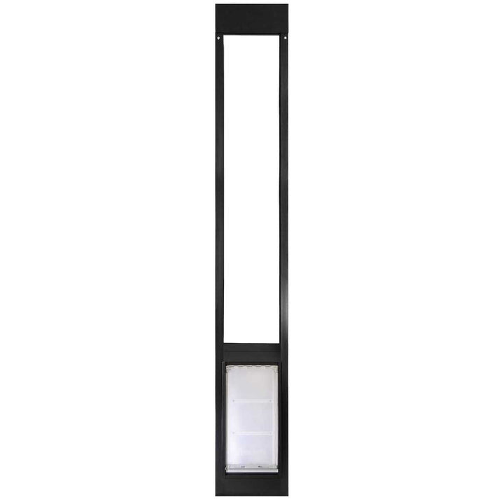 Black sliding glass door pet door insert, filling part of a sliding glass door opening.