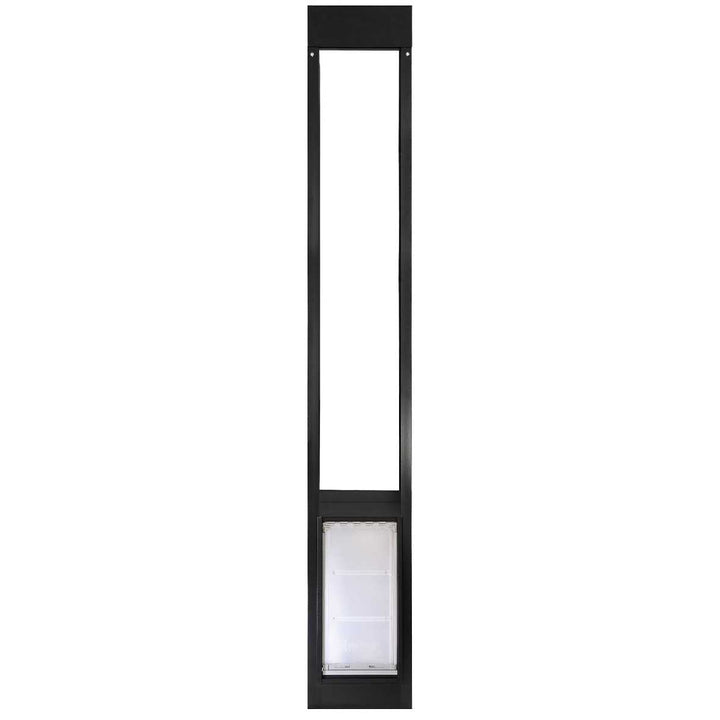 Black sliding glass door insert with pet door.