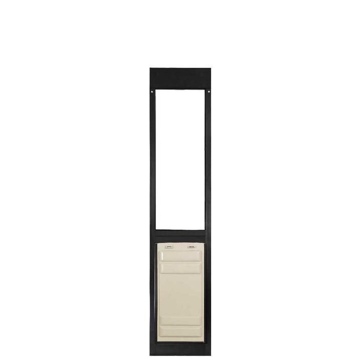 Black-framed pet door with a cream-colored door flap.