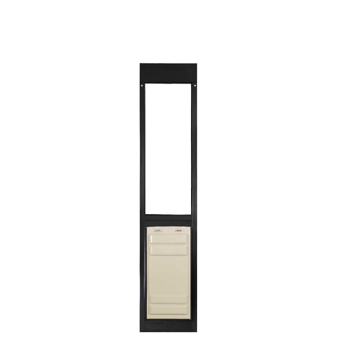 Black framed dog door with tan colored insert panel.