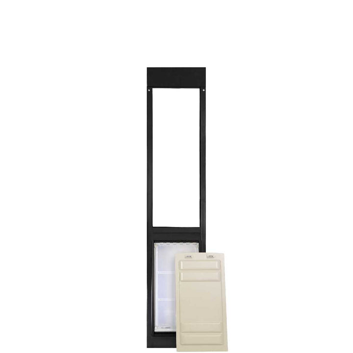 Black patio door insert with pet door and beige panel.