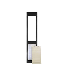 A black pet door frame with a closed pet door and a separate panel.
