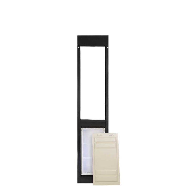 A black pet door frame with a closed pet door and a separate panel.