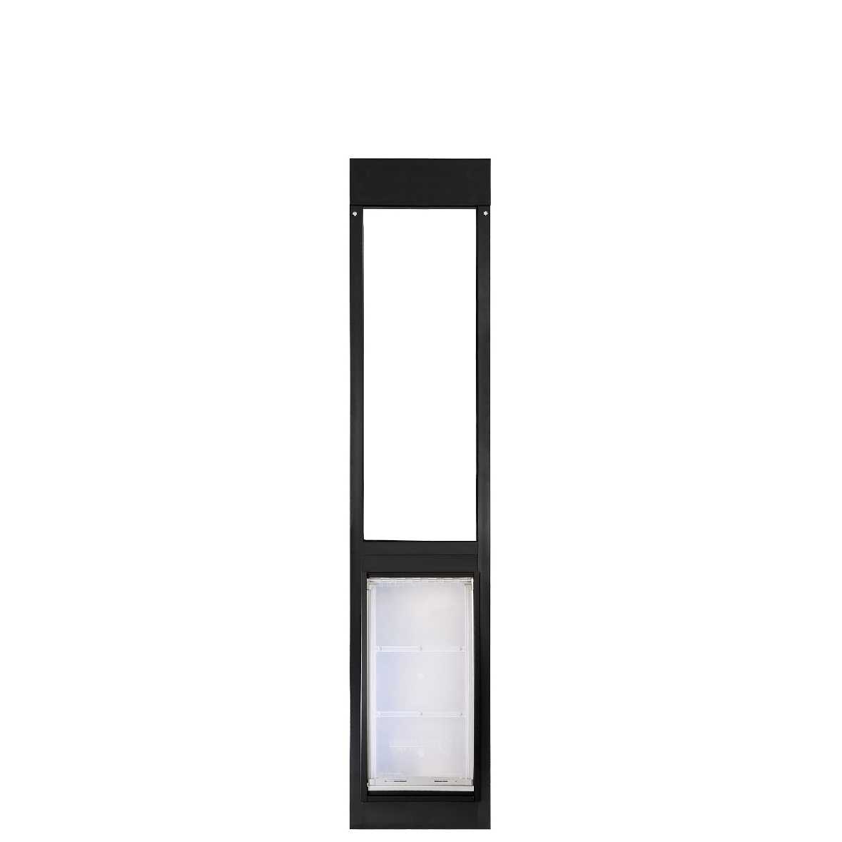 Black-framed sliding glass door insert with a pet door at the bottom.