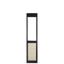 A black frame holds an opening above a closed tan pet door.