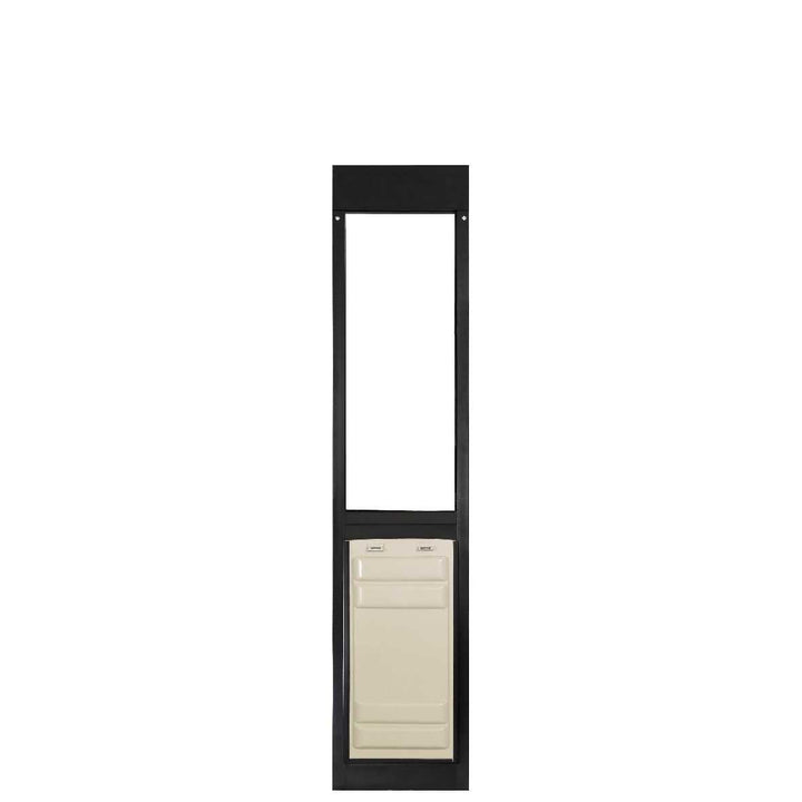 A black frame holds an opening above a closed tan pet door.