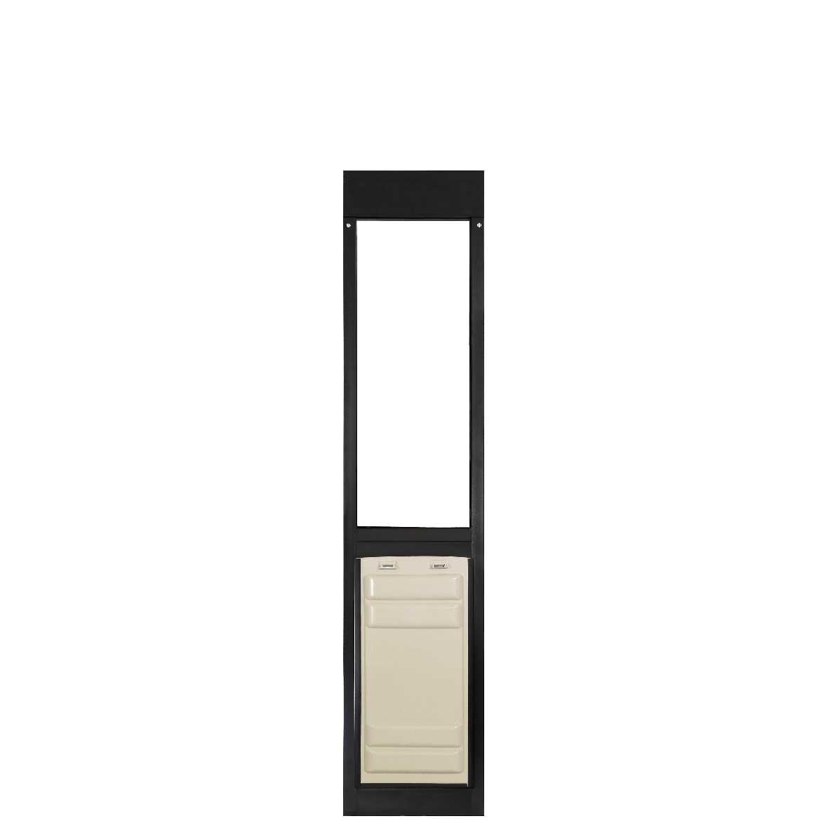 A black framed dog door with a cream-colored panel.