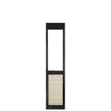 A black framed dog door with a cream-colored panel.