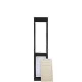 A black pet door insert with an open top panel and a white pet door cover.