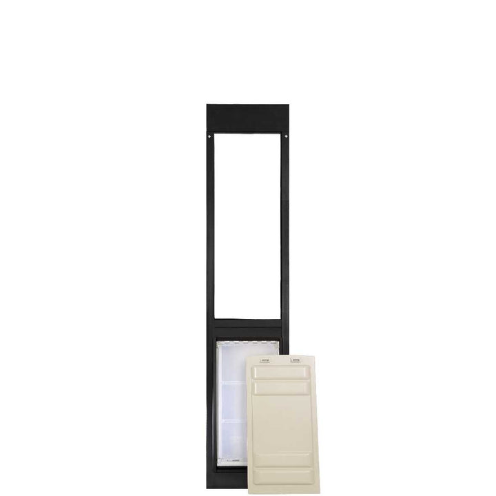 Black pet door frame with translucent flap and a solid cover.