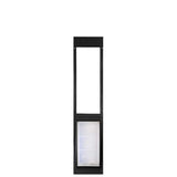 Black framed sliding glass door insert with a clear pet door at the bottom.