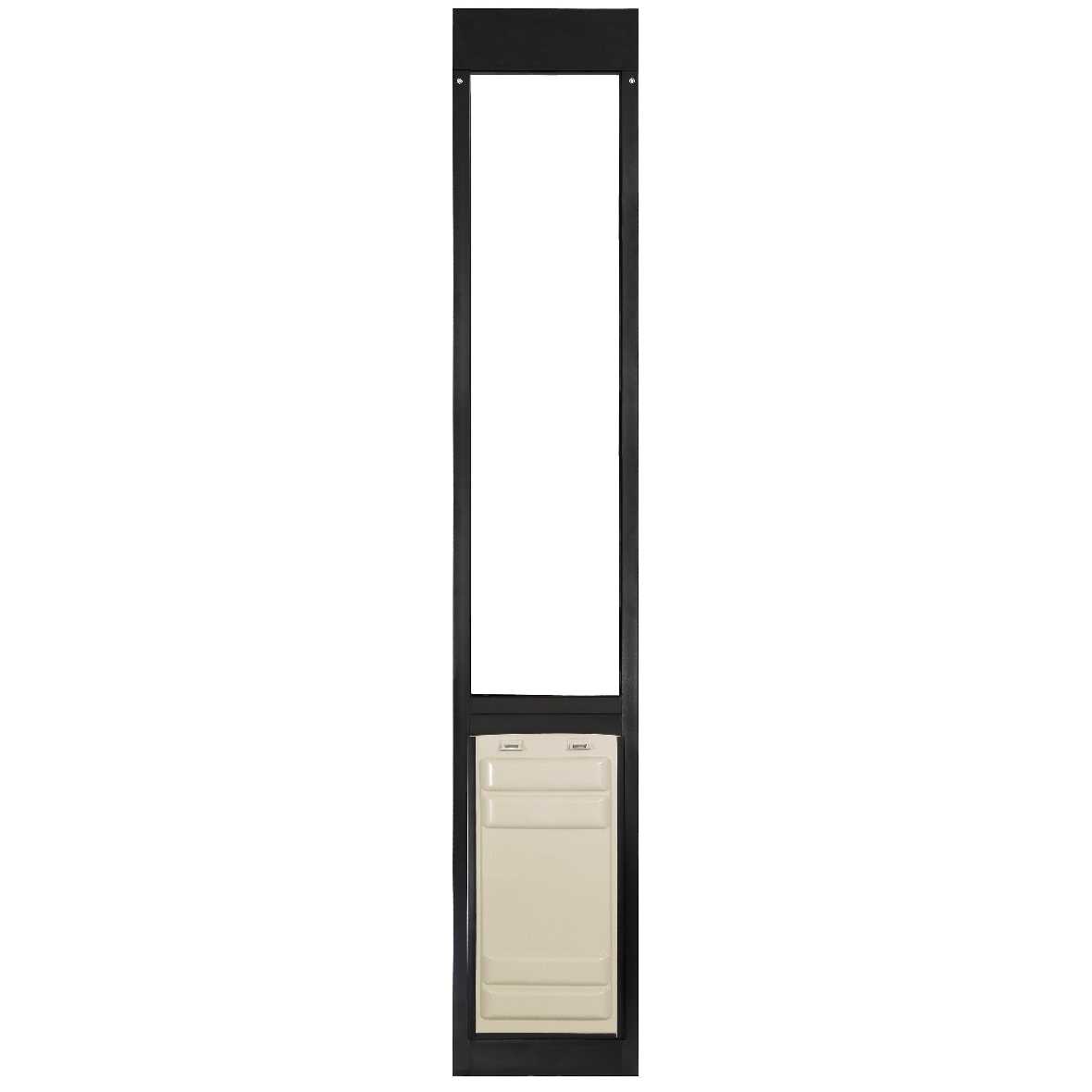 A black-framed sliding glass door insert with a rectangular pet door at the bottom.