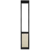 A black-framed sliding glass door insert with a rectangular pet door at the bottom.