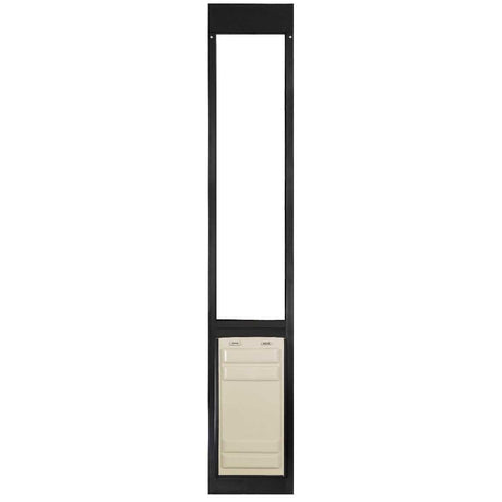 A black-framed sliding glass door insert with a rectangular pet door at the bottom.