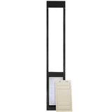 A dog door panel with a black frame and a removable beige cover.