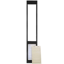 A black sliding glass door pet door with a white pet door insert and separate panel.