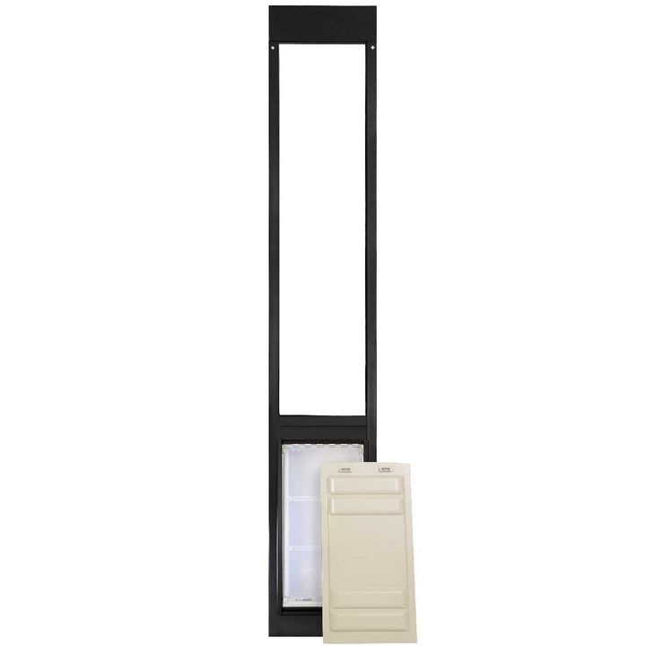 A black sliding glass door pet door with a white pet door insert and separate panel.