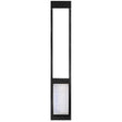 Endura Flap Custom Thermo Panel 3e with Dual pane Glass, tall sliding-glass-door panel in a black aluminum frame, with a clear glazed section and a larger pet door with a clear flap.