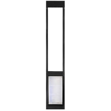 A black sliding glass door insert with a pet door.