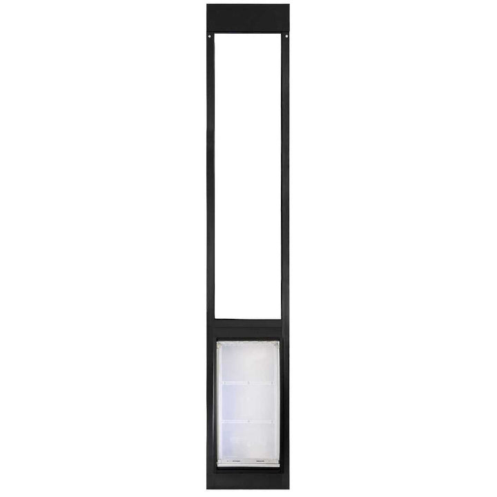 A black sliding glass door insert with a pet door.