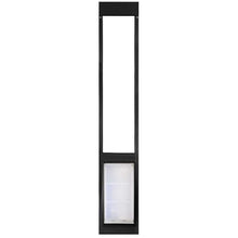 Black patio pet door insert with a transparent, hinged flap.