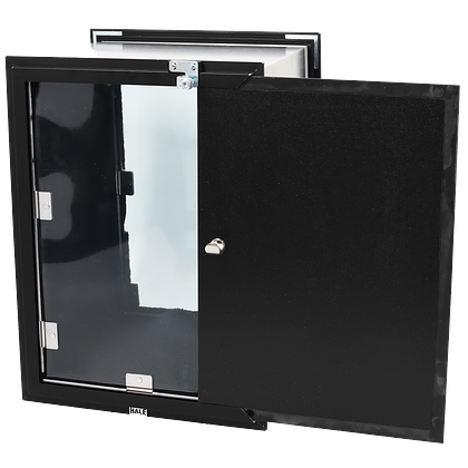 Open black pet door with transparent flap.