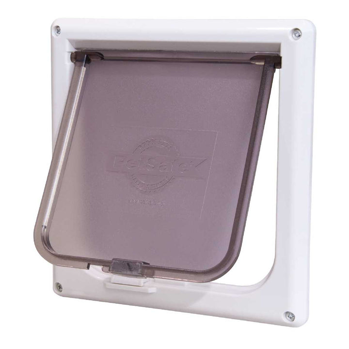 White plastic PetSafe pet door with a flexible, transparent flap.
