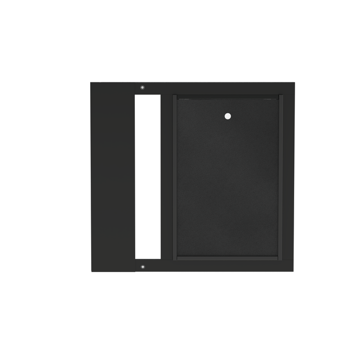  Dragon single flap pet door for sash windows, black, front view, without locking cover. Adjustable width accommodates sash windows ranging from 22" to 43" wide.