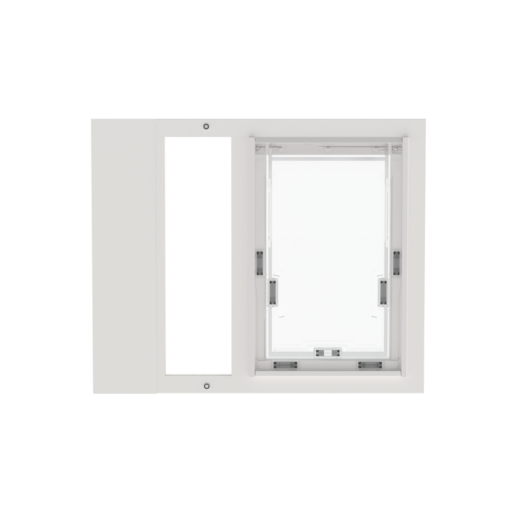  Dragon single flap pet door for sash windows, white, front view, without locking cover. Translucent, flexible flap is easy for pets of all sizes to use.