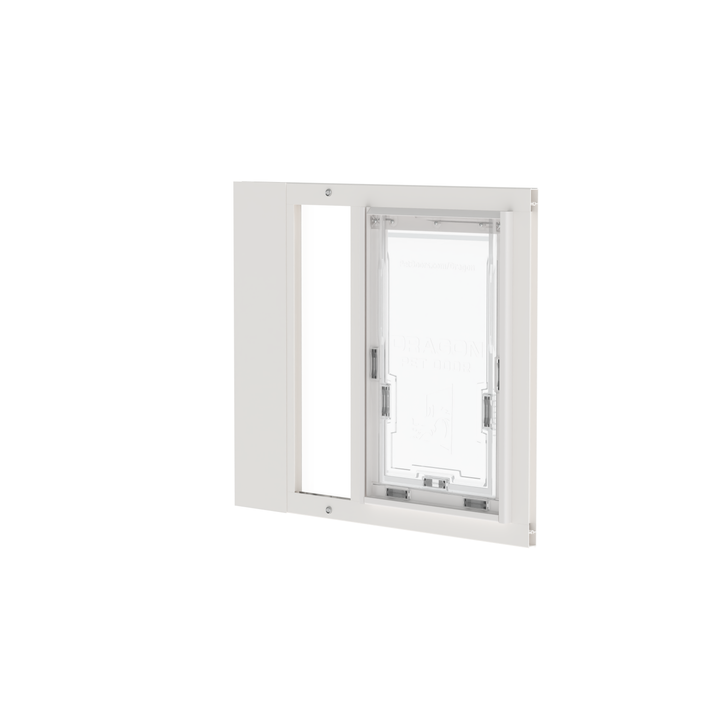White Dragon double flap pet door insert for aluminum sash windows, front view, tilted. Available in seven width adjustment ranges to fit windows 22"-43" wide.
