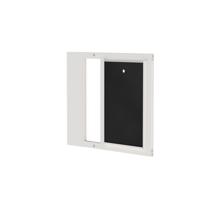 White Dragon double flap pet door insert for aluminum sash windows, front view, tilted, with locking cover. Fits window tracks at least 1" thick for secure fit.