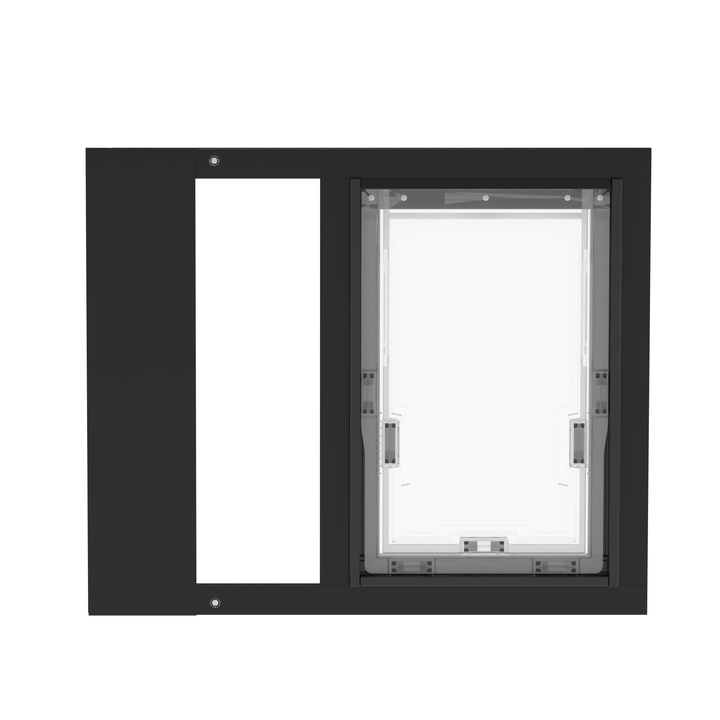  Dragon single flap pet door for sash windows, black, front view without locking cover. Sturdy aluminum frame available in black or white.