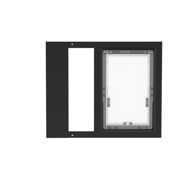 Black Dragon double flap pet door insert for sash windows, front view, angled. Fits window tracks at least 1" thick for secure fit.