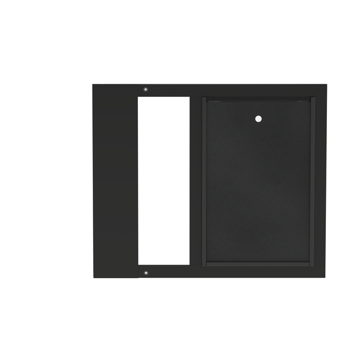 Black Dragon double flap pet door insert for aluminum sash windows, front view, closed, with locking cover. Easy installation with spring-loaded mechanism.